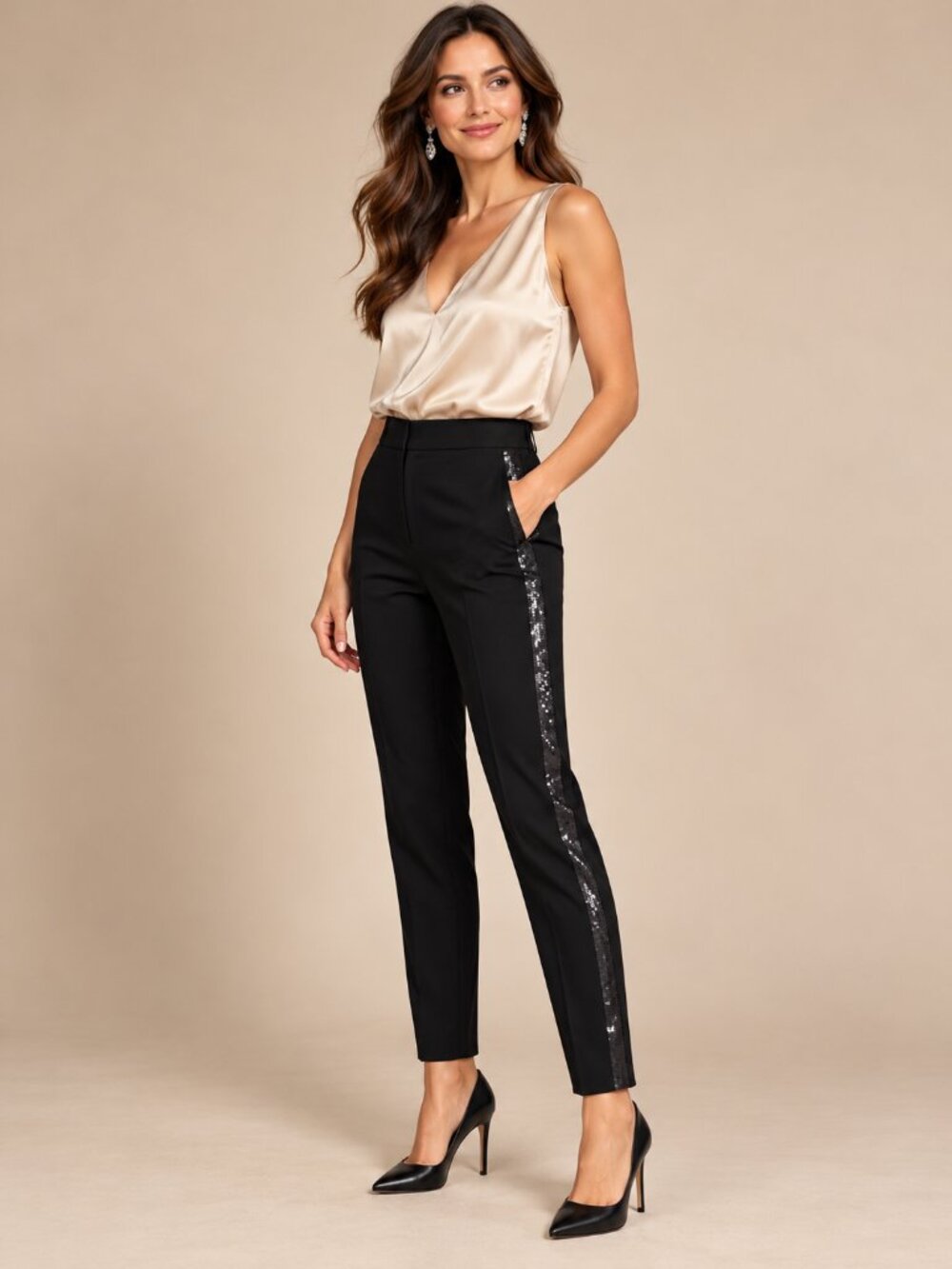 Black Sequin Tuxedo Stripe Slim-Leg Dress Pants Size 6